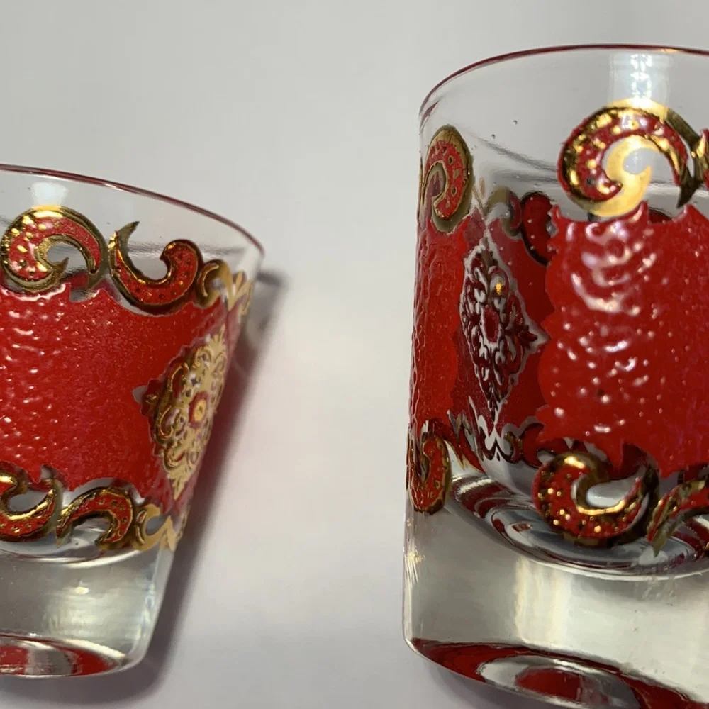 VTG Starlyte Barware Shot Glasses Signed Red and Gold Textured Design Set Of Six